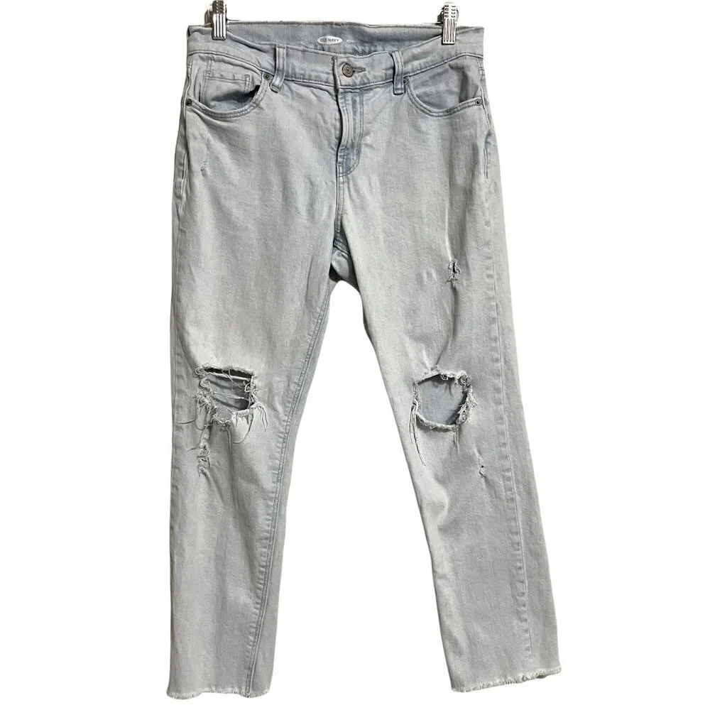 Old Navy Womens Light Distressed High Rise Raw Hem Straight Boyfriend Jeans Sz 4